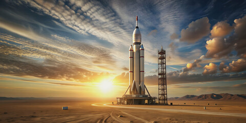 Space rocket on launch pad in desert with sky background , space, rocket, launch pad, spacecraft, technology, science, travel