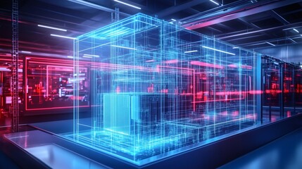 Futuristic server room with a glowing blue holographic wireframe model of a server.