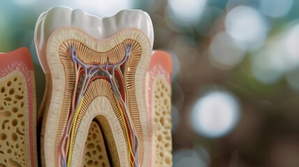 Cross-section of a human tooth, showing the enamel, dentin, pulp, and roots involved in oral health.