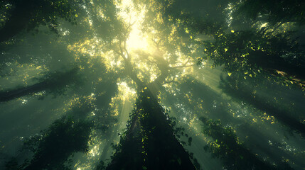 Tall trees with sprawling canopies in the Amazon rainforest, with vines hanging from the branches and sunlight filtering through 