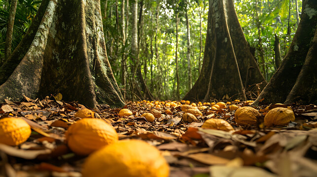 A scene of towering Brazil nut trees in the Amazon rainforest, with fallen leaves and fruit scattered on the ground 