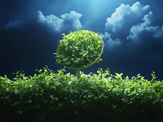 A serene landscape featuring a circular tree surrounded by lush greenery under a dramatic sky filled with clouds.