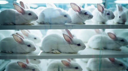 Rows of white rabbits in a lab environment under bright lights, creating a clinical and sterile atmosphere.