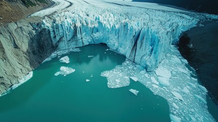 Aerial view of a glacier with icebergs floating in turquoise water.