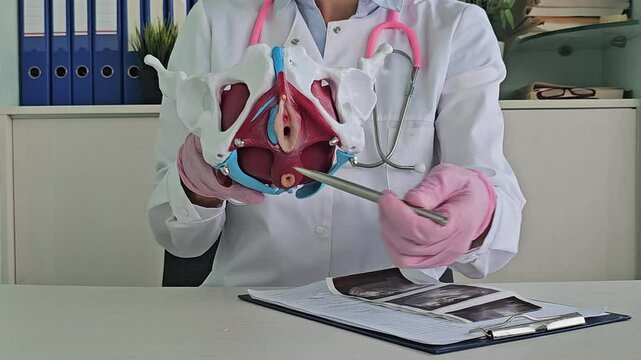 Gynecologist or dermatologist demonstrates pelvic bones to students of the clinic