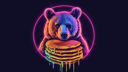 logo neon watercolor cartoon of a grizzly bears head attacking pancakes