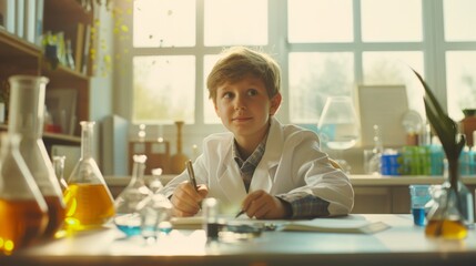 A young scientist in a bright lab setting, surrounded by colorful chemicals and engaged in thoughtful experimentation.