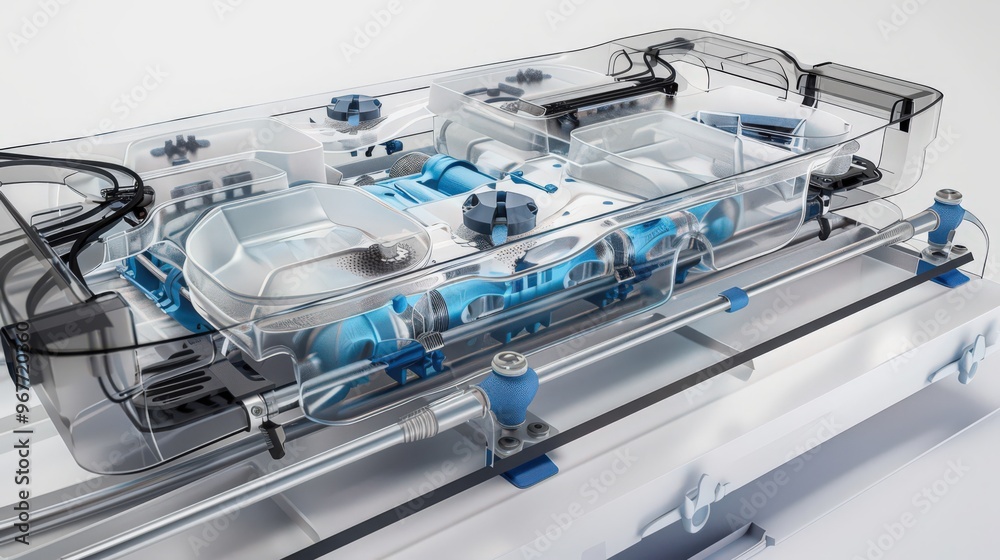 Poster cross-section of a soft robotics system, highlighting its flexible materials and design for tasks re