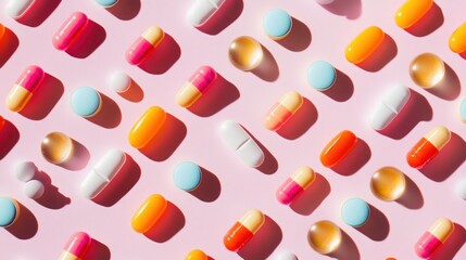 Colorful Pills and Tablets on a Pink Background