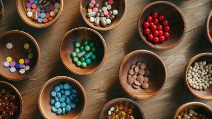 Fototapeta premium Various colorful pills and capsules neatly arranged in small wooden bowls, depicting an organized and visual representation of different medications.