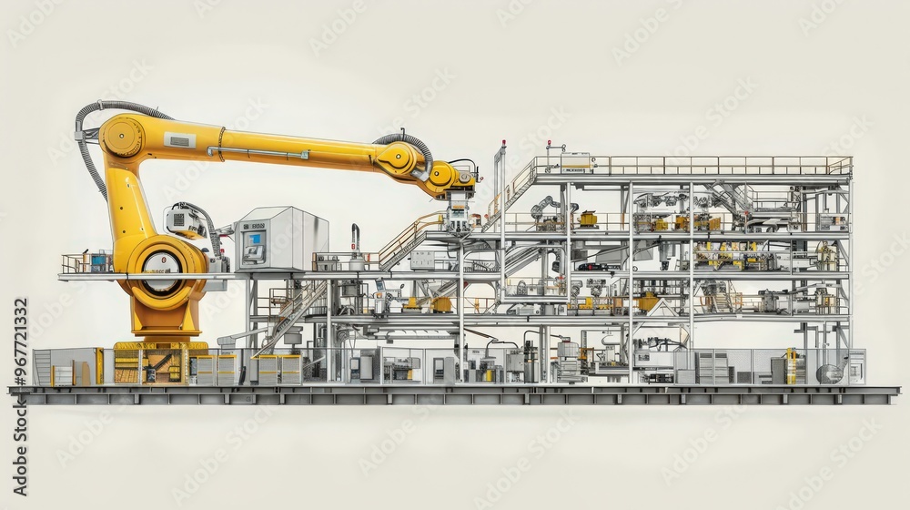 Poster cross-section of an industrial robot with a conveyor system, showing how it integrates with manufact