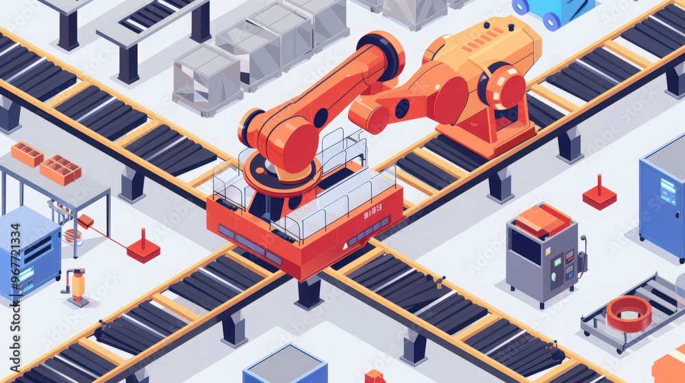 Poster cross-section of an industrial robot with a conveyor system, showing how it integrates with manufact