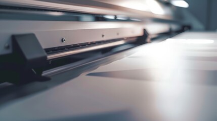 Close-up view of a large format printer in action, capturing the precision and detail of the printing process with technological finesse.