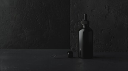 A minimalistic scene featuring a matte black bottle with a dropper cap on a dark, textured surface, evoking a sense of mystery and simplicity.