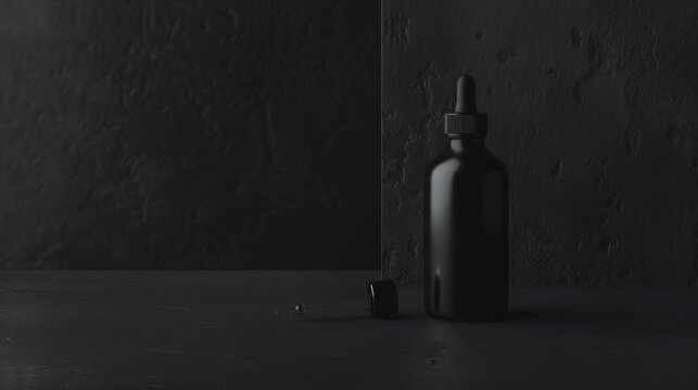 A minimalistic scene featuring a matte black bottle with a dropper cap on a dark, textured surface, evoking a sense of mystery and simplicity.