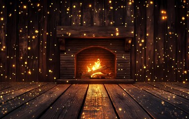 Wooden background with glitter effect and fireplace