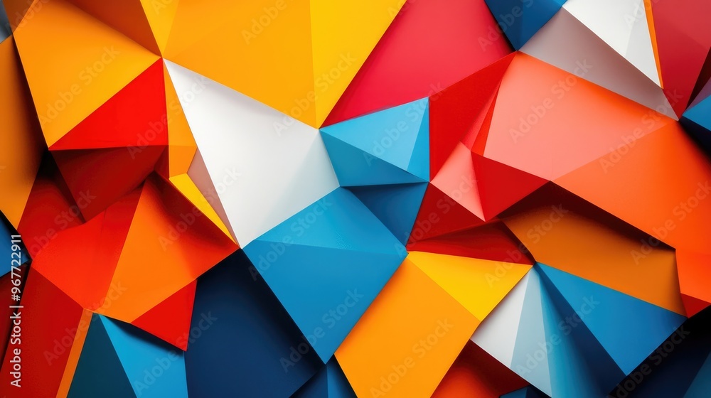 Poster a vibrant abstract geometric background featuring overlapping triangles in bold colors and sharp ang