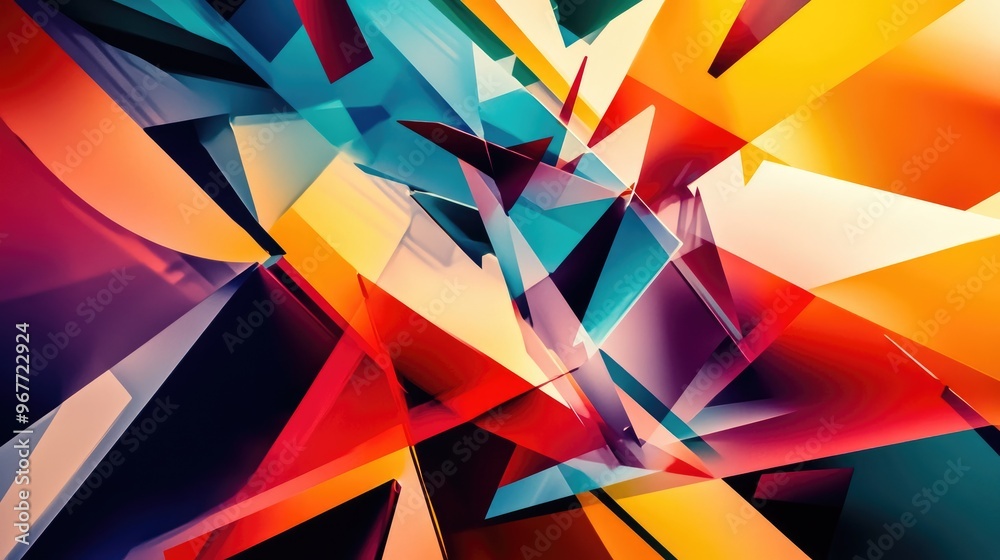 Poster a vibrant abstract geometric background featuring overlapping triangles in bold colors and sharp ang
