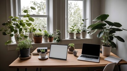environment with laptops, plants and a cup of coffee.

