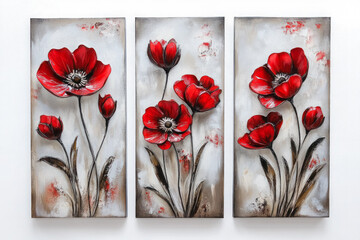 Oil paintings artwork, floral spring summer triptych, blooming poppy flowers