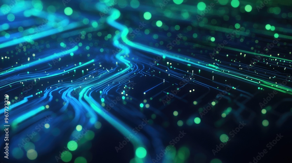 Poster abstract blue and green circuit patterns with light trails and digital nodes, representing internet 