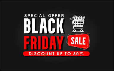 Black Friday Sale Banner with Special Offer Up to 50% Discount. Exclusive Offer. Shop Now. Black Friday promotion banner. Vector Illustrations