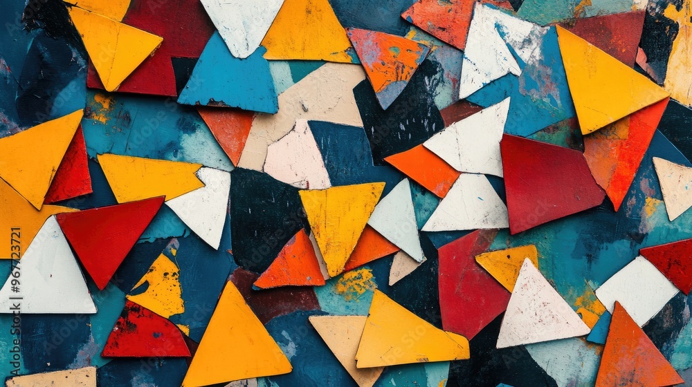 Poster an abstract design with fragmented triangles in bright colors, scattered randomly across the canvas.