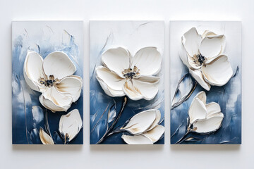 Oil paintings artwork, floral spring summer triptych, blooming flowers