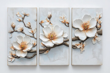 Oil paintings artwork, floral spring scenics triptych, blooming sakura branch