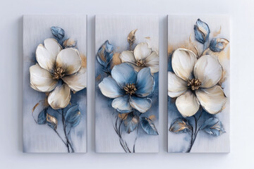 Oil paintings artwork, floral spring summer triptych, blooming flowers
