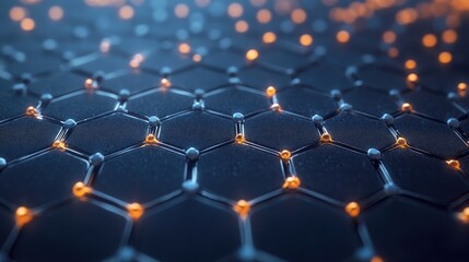Obraz premium Close-up of a hexagon grid with interconnected molecular nodes representing advanced genetic research