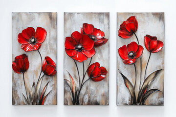 Oil paintings artwork, floral spring summer triptych, blooming poppy flowers
