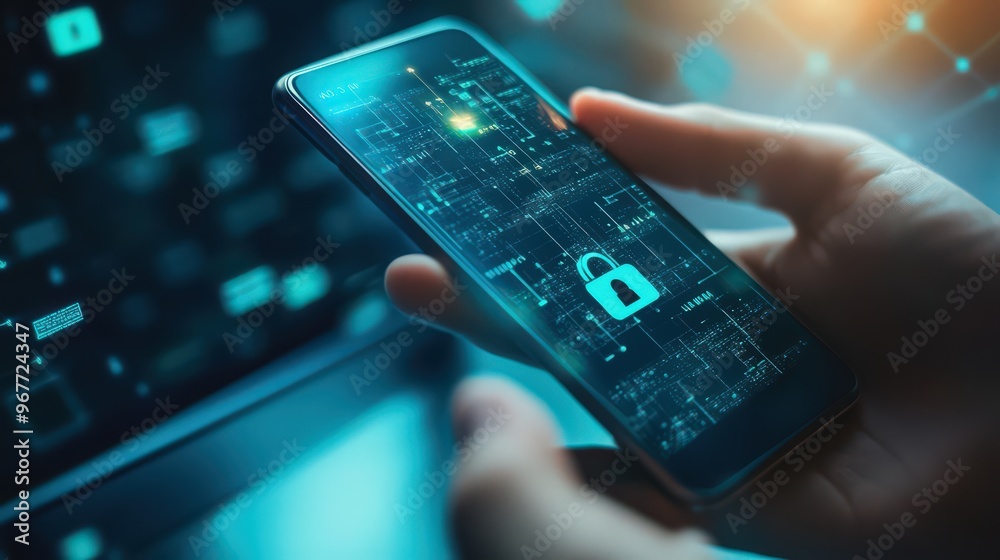 Poster cybersecurity measures are enhanced as a user utilizes a mobile phone and laptop with top-tier data 