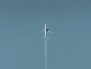 The airplane flying through the blue sky
