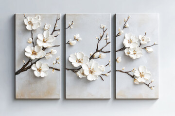Oil paintings artwork, floral spring scenics triptych, blooming sakura branch