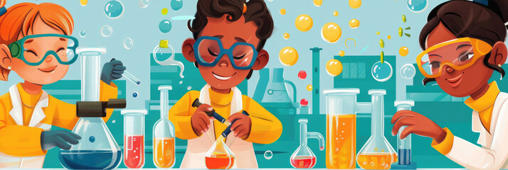 Three children enthusiastically conduct experiments using beakers and test tubes in a bright laboratory filled with bubbles