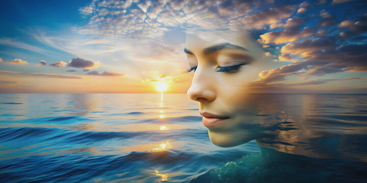 Serene double exposure of ocean and face symbolizing tranquility and inner happiness with copy space, tranquility, peaceful, calm