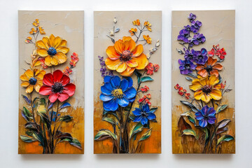 Oil paintings artwork, floral spring summer triptych, blooming flowers
