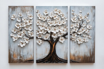Oil paintings artwork, floral spring scenics triptych, blooming sakura