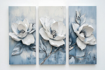 Oil paintings artwork, floral spring summer triptych, blooming flowers