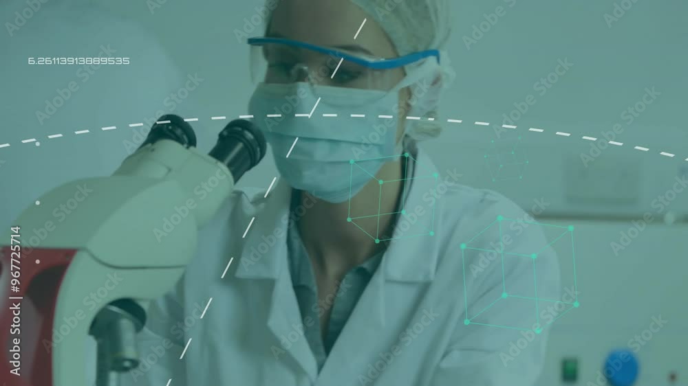 Poster animation of data processing over caucasian female scientist using microscope in lab