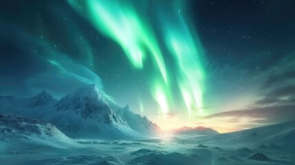 Stunning view of the Northern Lights dancing over a snow-covered landscape, casting an ethereal glow.