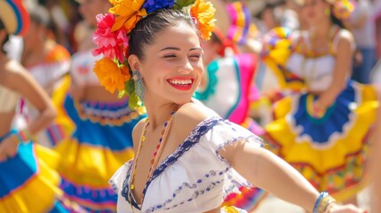 Fototapeta premium A vibrant celebration featuring a woman in traditional attire, dancing joyfully amidst colorful costumes and festive atmosphere.