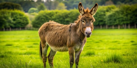 A brown donkey stands in a lush green meadow, its furry rear end prominently displayed, with a subtle