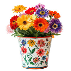 A vibrant bouquet of colorful flowers in a decorative pot, symbolizing beauty and nature.