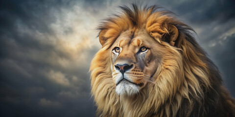 Fototapeta premium of a majestic lion with a flowing mane, lion, wildlife, jungle, predator, majestic, king of the jungle, safari, nature, animal, fierce