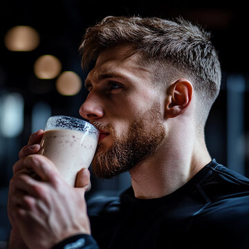 Blonder Mann trinkt Shake im Gym