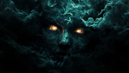 Eerie Face Glowing in the Darkness Surrounded by Clouds of Smoke in Spooky Atmosphere