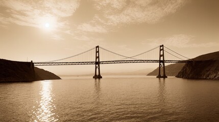 Obraz premium Generative AI, Golden Gate Bridge in Vintage Sepia Sunset