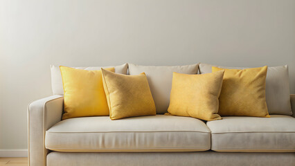 Close up of beige sofa with yellow pillows , home decor, interior design, comfortable, living room, cozy, relaxation